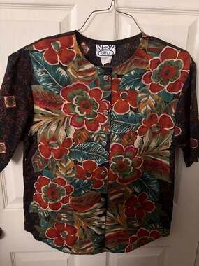 Vintage Box Office Floral Print Short Sleeve Button Front Blouse Medium 12/14 Ma